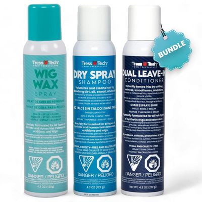 TressTech Dry Spray Wig Treatment System (3-Pack, 4.3 Fl. Oz.): Wig Wax, Dry Shampoo, Dual Leave-In Conditioner (4.3 Ounce (Pack of 3), Wig Wax, Dry Shampoo, Dual Conditioner)