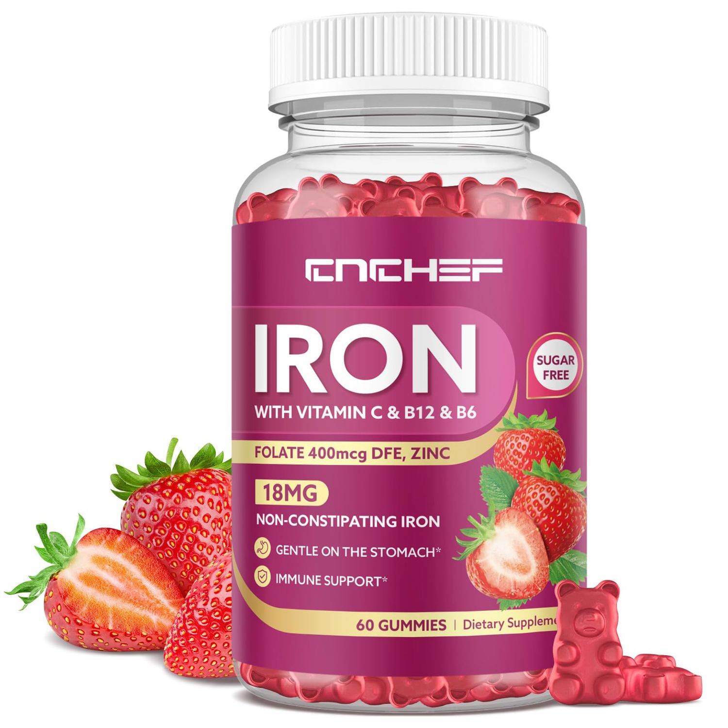 Iron Supplement for Women Men Gummies, Multivitamin Blood Builder Iron Supplement with Folate Vitamin C B12 B6 Zinc for Adults Kids - Energy Support - Strawberry Flavor, Vegan 60 Gummies