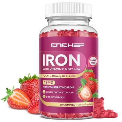 Iron Supplement for Women Men Gummies, Multivitamin Blood Builder Iron Supplement with Folate Vitamin C B12 B6 Zinc for Adults Kids - Energy Support - Strawberry Flavor, Vegan 60 Gummies
