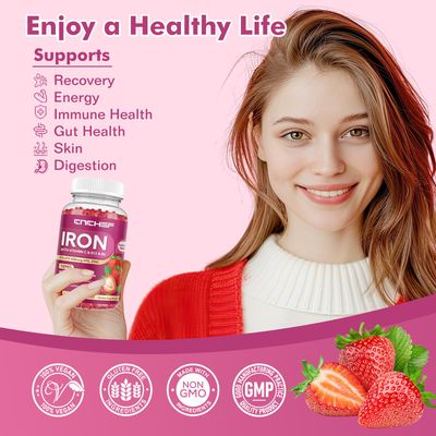 Iron Supplement for Women Men Gummies, Multivitamin Blood Builder Iron Supplement with Folate Vitamin C B12 B6 Zinc for Adults Kids - Energy Support - Strawberry Flavor, Vegan 60 Gummies