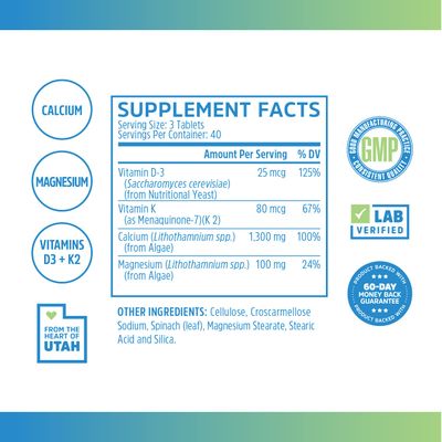 Zhou Nutrition Calcium Greens, Bone Support Superfood, Calcium Magnesium Supplement from Algae, Vitamin D3 K2, 1300mg of Calcium, 120 Tablets