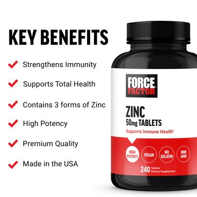 Force Factor Zinc 50mg, Zinc Supplements with Zinc Oxide Powder, Zinc Gluconate, and Zinc Citrate for Immune Support and Immune Health, High-Potency, Vegan, Gelatin Free, Non-GMO, 240 Tablets