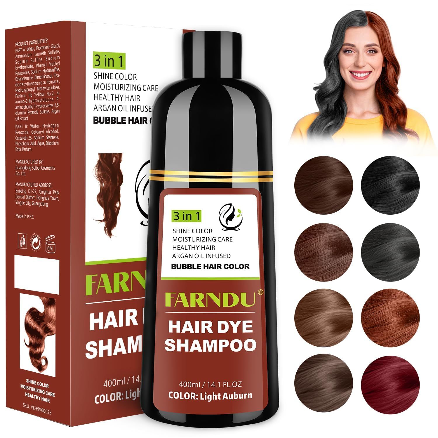 Farndu Light Auburn Hair Dye Shampoo for Women Men Gray Hair Coverage and Herbal Ingredients 3 In 1 Hair Color Shampoo
