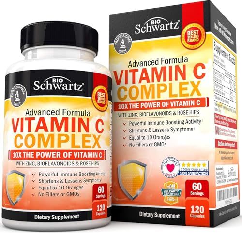 BioSchwartz Vitamin C Complex Supplement - Vitamin C 1000mg Capsules with Rose HIPS Zinc and Citrus Bioflavonoids for Immune Health, Cellular Energy, Collagen Production, 120 Count (60 Day Supply)