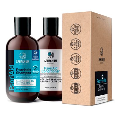 Sphagnum Botanicals Medicated Psoriasis Shampoo and Conditioner Set - Salicylic Acid 3 and Peat Mud Shampoo together with Argan and Olive Oil Condtioner. 2 x 8.45 fl. Oz