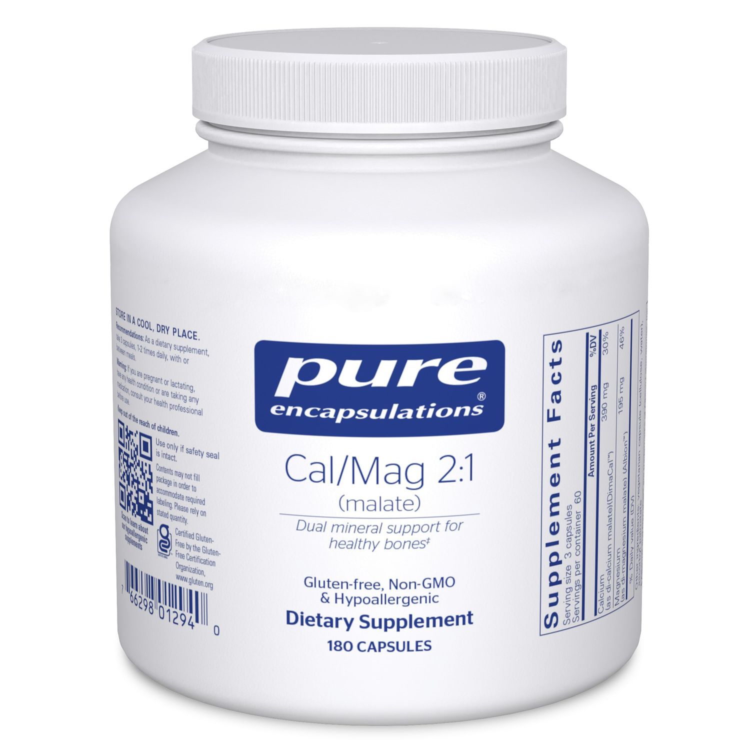 Pure Encapsulations CalMag (Malate) 2:1 - Calcium Magnesium (Malate) - Bone Health Supplement - Optimal Absorption - Vegan Gluten Free - 180 Capsules