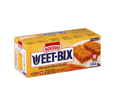 Bokomo WEET-BIX Whole Grain Wheat Biscuit 24 Units per a box 450g16oz Vegan Kosher 1.2g Sugar Vitamin B1, B2, B3