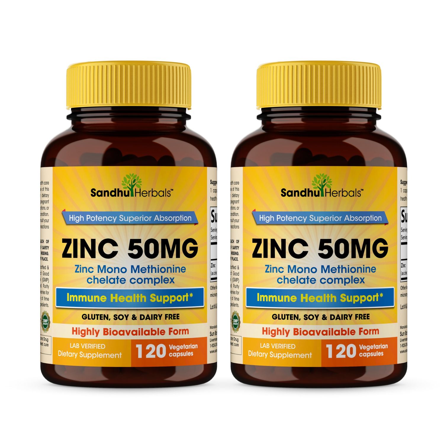 Sandhu Herbals Zinc 50mg Supplement for Men Women High Absorption Monomethionine Complex 120 Capsules (Pack of 2) Zink Supplements for Immune, Acne Antioxidant Support