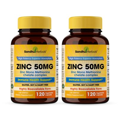 Sandhu Herbals Zinc 50mg Supplement for Men Women High Absorption Monomethionine Complex 120 Capsules (Pack of 2) Zink Supplements for Immune, Acne Antioxidant Support