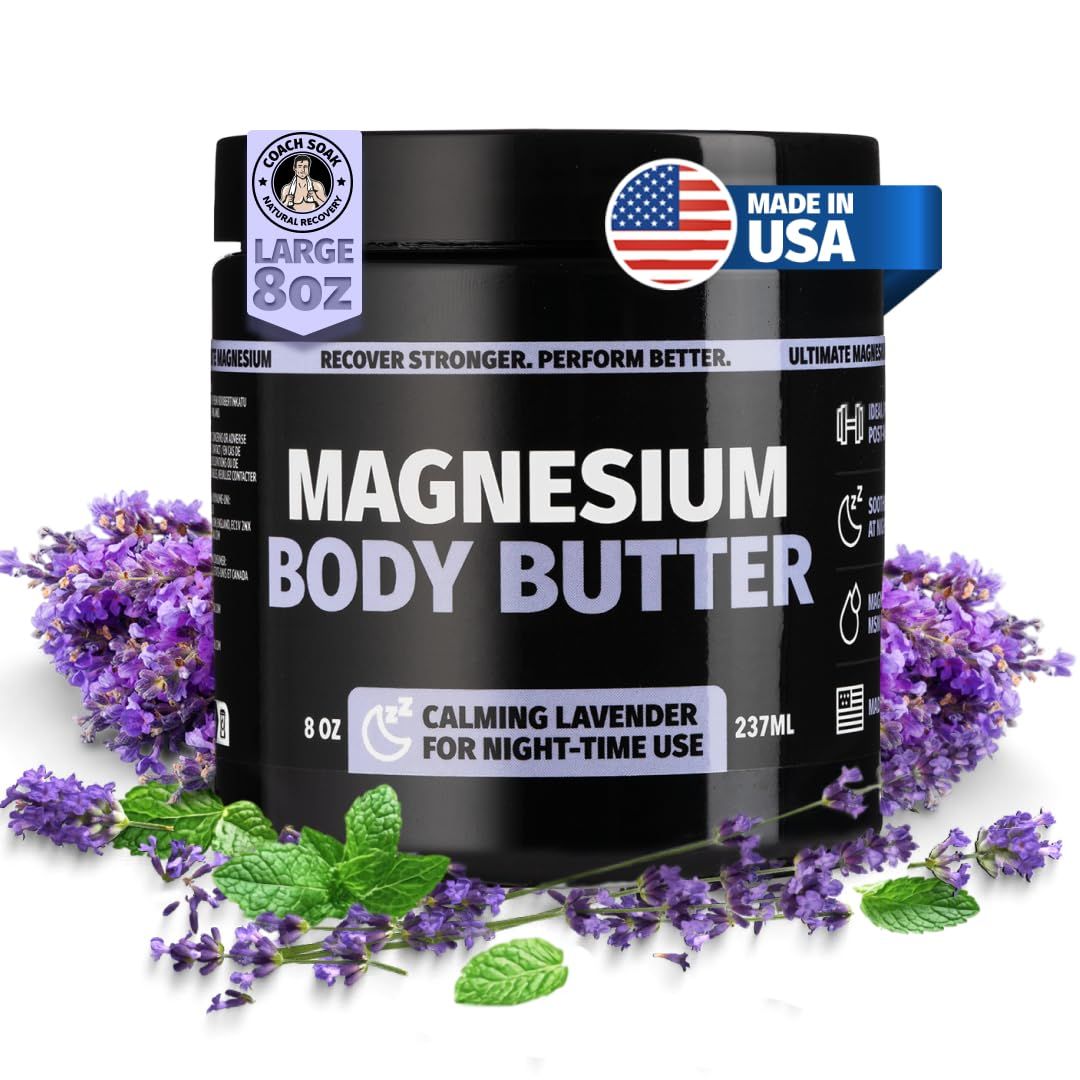 Coach Soak Nighttime Magnesium Body Butter, Thick Cream with High Magnesium Concentration, Soothes Muscles Overnight, Shea Butter, Almond Oil Lavender, Large Size (8oz)