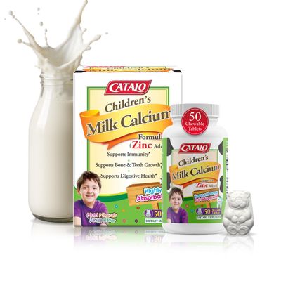 CATALO Children&#39;s Milk Calcium Formula with Zinc - 50 Bear-Shaped Chewable Tablets, Supports Bone Growth Teeth Development, TruCal Calcium, Vanilla Flavor