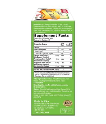 CATALO Children's Milk Calcium Formula with Zinc - 50 Bear-Shaped Chewable Tablets, Supports Bone Growth Teeth Development, TruCal Calcium, Vanilla Flavor
