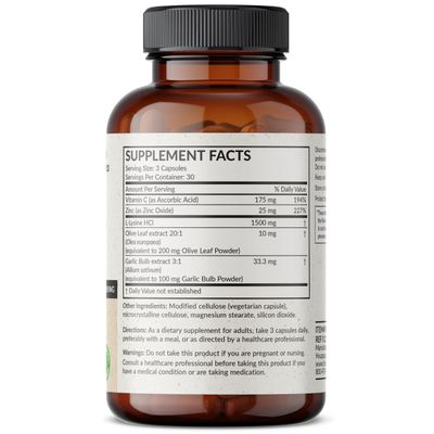 Futurebiotics L-Lysine Defense Immune Support Complex 1500 MG Per Serving with Vitamin C, Zinc, Olive Leaf Garlic - Non-GMO, 90 Vegetarian Capsules