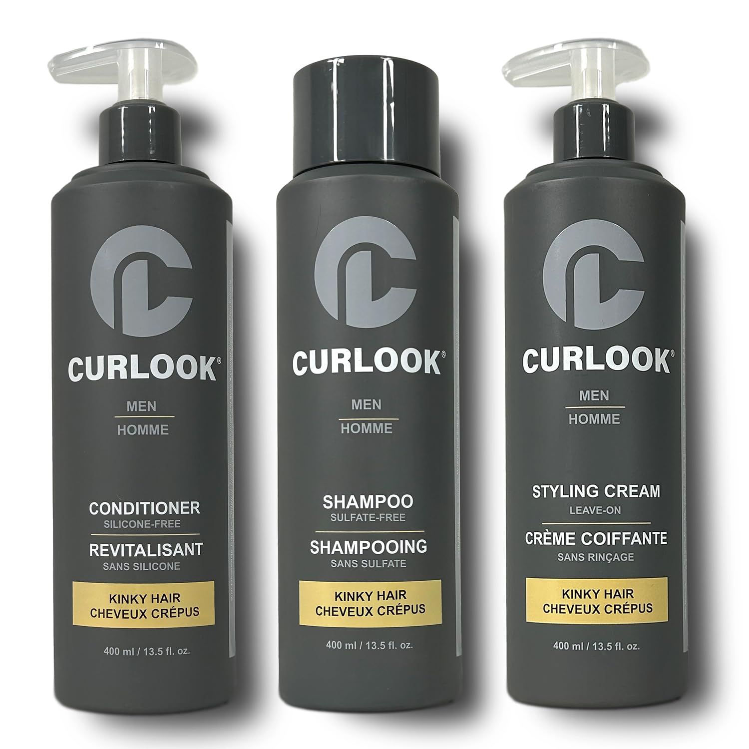 Curlook Kinky-Coily Package Sulfate-Free, Silicone-Free Shampoo, Conditioner Leave-In Styling Cream Set for Men 400ml (13.5 oz) Each Bottle Made in Canada Curly Hair Products Pack of 3