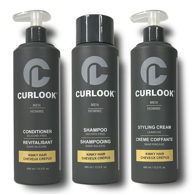 Curlook Kinky-Coily Package Sulfate-Free, Silicone-Free Shampoo, Conditioner Leave-In Styling Cream Set for Men 400ml (13.5 oz) Each Bottle Made in Canada Curly Hair Products Pack of 3