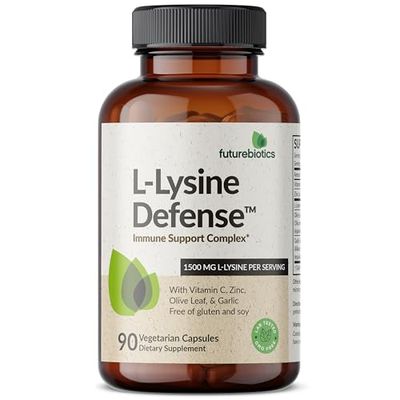 Futurebiotics L-Lysine Defense Immune Support Complex 1500 MG Per Serving with Vitamin C, Zinc, Olive Leaf Garlic - Non-GMO, 90 Vegetarian Capsules