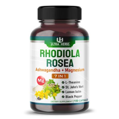 Rhodiola Rosea Supplement Enriched with Ashwagandha, Magnesium, L-Theanine, St. John&#39;s Wort, Lemon Balm - Support Mood, Sleeps Quality, and Mental Focus 150 Capsules
