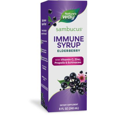 Nature&#39;s Way Sambucus Immune Syrup, Elderberry Extract, Vitamin C, Zinc, Echinacea, Propolis, Daily Immune Support, Antioxidant Support, Gluten free, Vegetarian, 8 Fl Oz (Packaging May Vary)