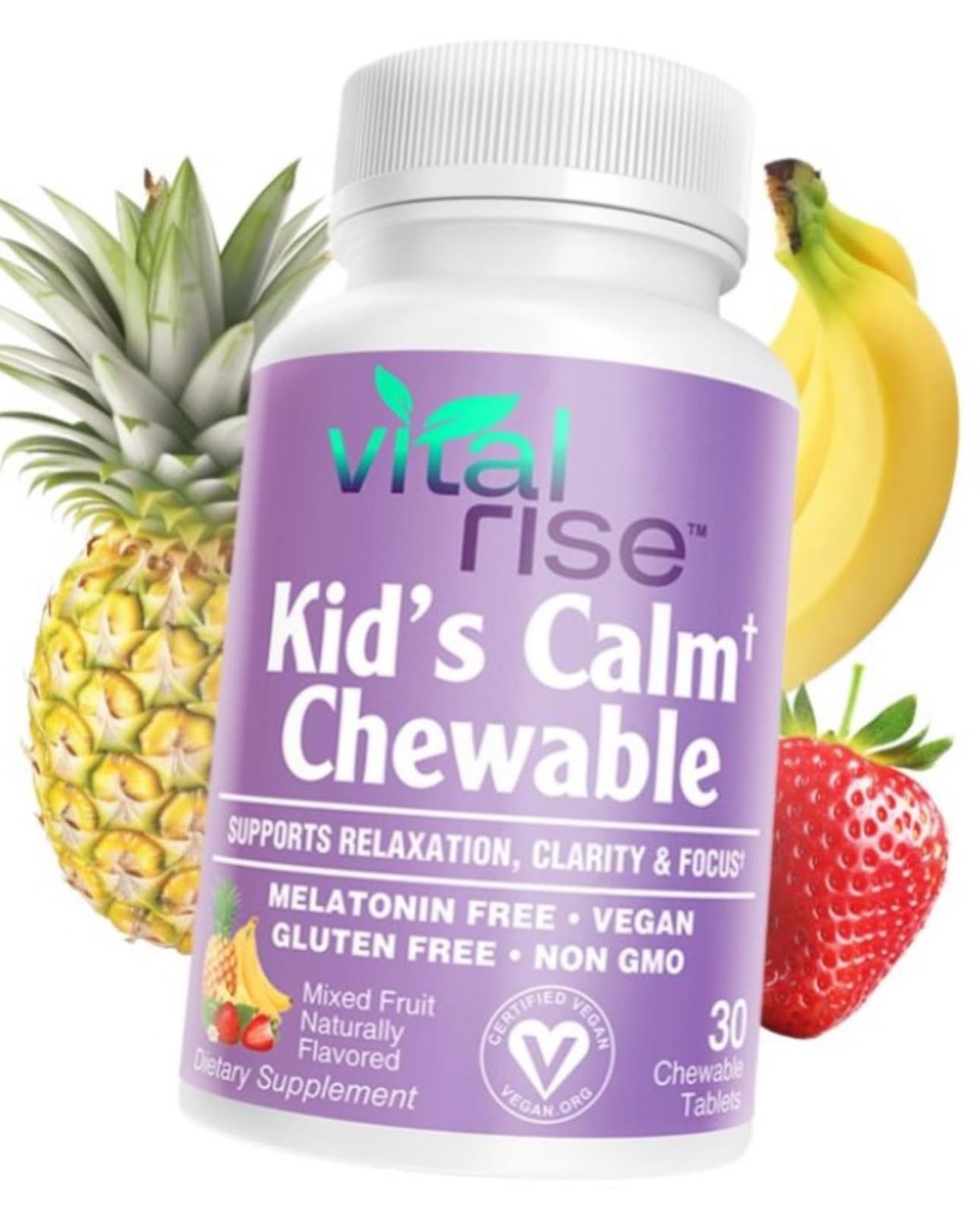 Vital Rise Kids Magnesium Chewables - Daily Supplement, Sugar-Free Melatonin-Free, Supports a Healthy Stress Response Focus, Fast-Absorbing Magnesium with L-Theanine, Mixed Fruit Flavor, 30 Count