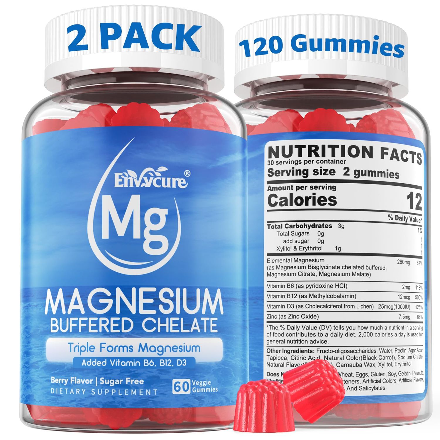 Magnesium Gummies - Triple Magnesium Complex Gummies, Magnesium Glycinate Gummies Magnesium Glycinate, Malate, Citrate w D3 B6 B12, for Calm, Sleep Muscle Cramp High Absorption Vegan, 2 Pack