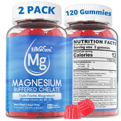 Magnesium Gummies - Triple Magnesium Complex Gummies, Magnesium Glycinate Gummies Magnesium Glycinate, Malate, Citrate w D3 B6 B12, for Calm, Sleep Muscle Cramp High Absorption Vegan, 2 Pack