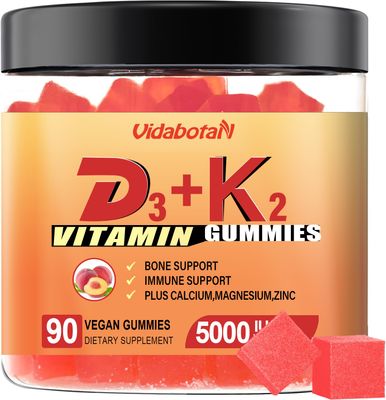 vidabotan Sugar Free Vitamin D3 K2 Gummies, Vitamin D3 5000IU Vitamin K2(MK7) 120mcg with Calcium, Magnesium and Zinc for Bone, Teeth, Muscle, Natural Peach Flavor, Vegan, 90 chewable Gummies