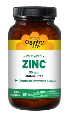 Country Life Chelated Zinc 50 mg - Certified Gluten-Free Vegan Immune Support Supplement, Enhances Zinc Absorption, Supports Body s Protein Production Cellular Health, 100 Vegetarian Tablets