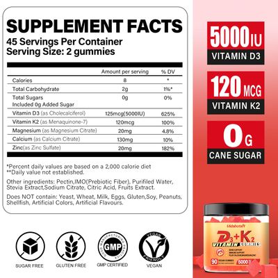 vidabotan Sugar Free Vitamin D3 K2 Gummies, Vitamin D3 5000IU Vitamin K2(MK7) 120mcg with Calcium, Magnesium and Zinc for Bone, Teeth, Muscle, Natural Peach Flavor, Vegan, 90 chewable Gummies