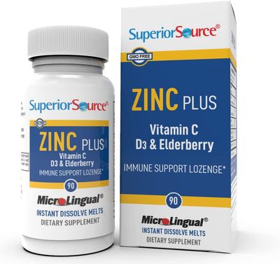 Superior Source Zinc Plus Lozenges, With Vitamin C (30 mg), D3 (1,000 IU), Elderberry Extract, Quick Dissolve MicroLingual Tablets, 90 Ct, Promote a Healthy Immune System Antioxidant Support Non-GMO