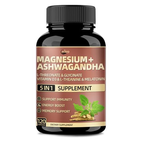 ACEYO Magnesium Ashwagandha Supplement,Magnesium L-threonate Glycinate,Melatonin,L-Theanine,for Energy Boost Immune Support,High Absorption-120 Count