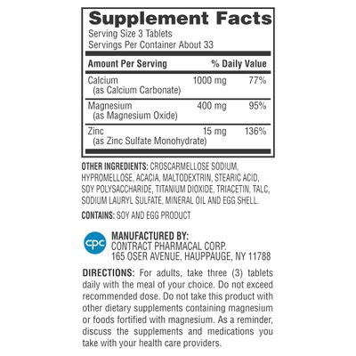 Earth's Splendor 1000 mg Calcium, 400 mg Magnesium, and 15 mg Zinc, Heart and Immune System Health, Bone and Muscle Support Dietary Supplement, 100 Tablets 1 Month Supply