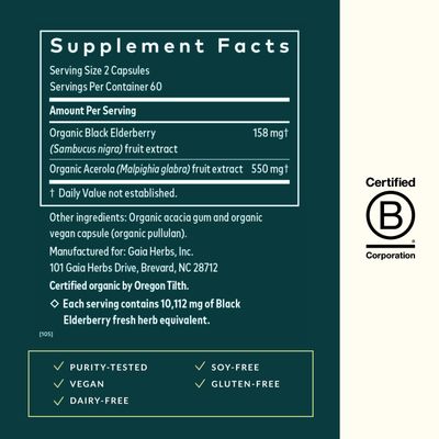 Gaia Herbs Black Elderberry - Daily Immune Support Supplement to Help Maintain Well-Being- with Black Elderberries and Acerola Fruit for Antioxidant Support - 120 Vegan Capsules (60-Day Supply)