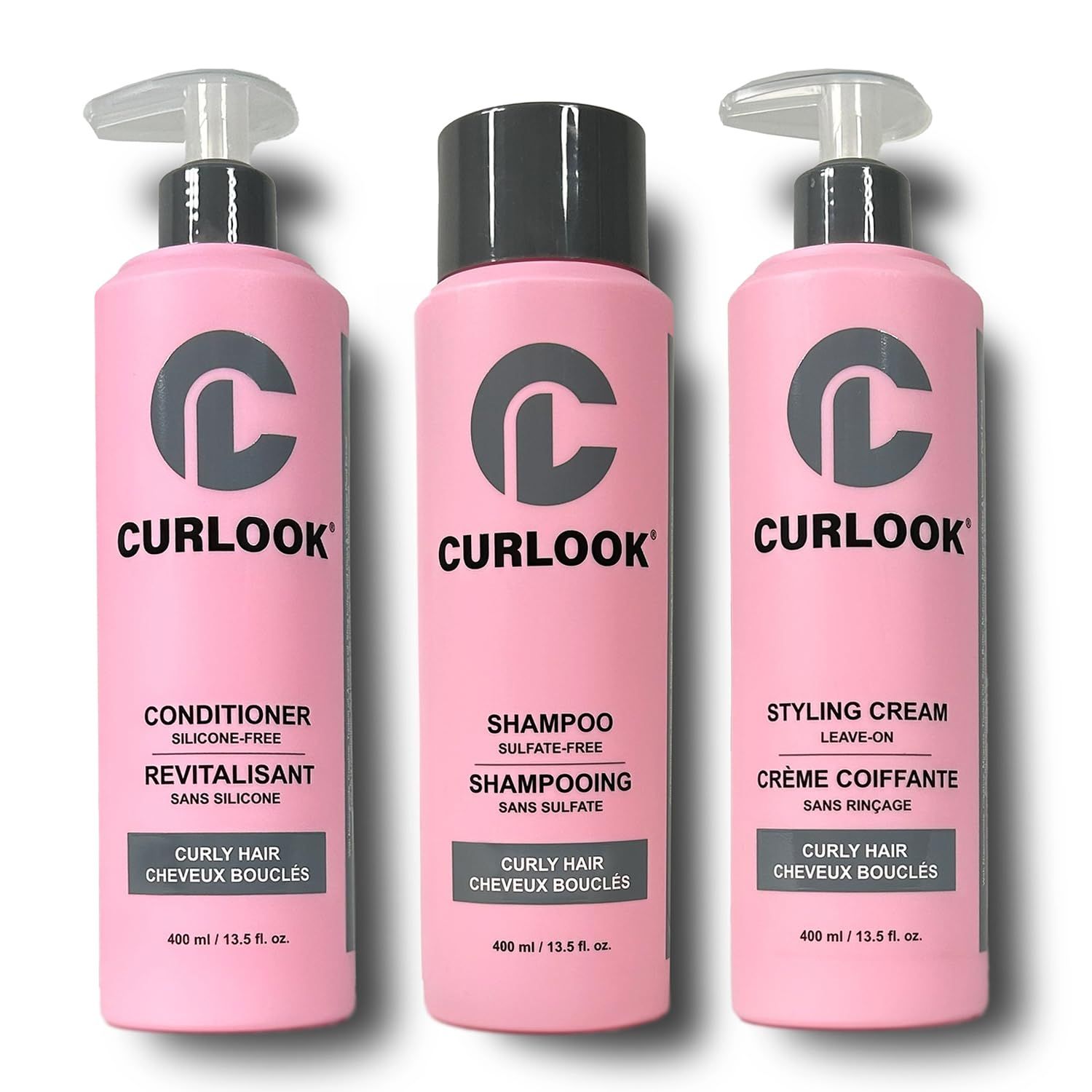 CURLOOK Curly Hair Bundle Shampoo, Conditioner Leave-In Styling Cream Set Sulfate-Free, Silicone-Free Pack of 3-400ml (13.5 oz) Each Bottle Made in Canada