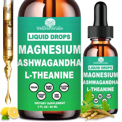 2 Pack Cortisol Supplement w. Magnesium L Theanine Ksm-66 Ashwagandha Vitamin K2 B6 D 3 Supplement, Liquid Magnesium for Cortisol Reduce Detox Manager, Calm Relaxation Balanced Hormone