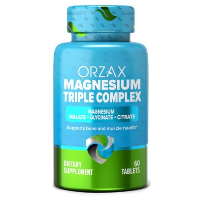 ORZAX Magnesium Triple Complex Magnesium Glycinate, Citrate, Malate Vegan, Gluten Free, Dairy Free, Halal 200 mg of Triple Complex Magnesium for Muscles Energy for Women and Men 60 Tablets