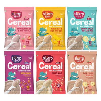 Slurrp Farm No Added Sugar, No Salt Multigrain Cereals Trial Pack Combo Goodness of Millets - Ragi, Jowar, Oats Healthy Food for Kids Real Fruits, 300g (50g6)