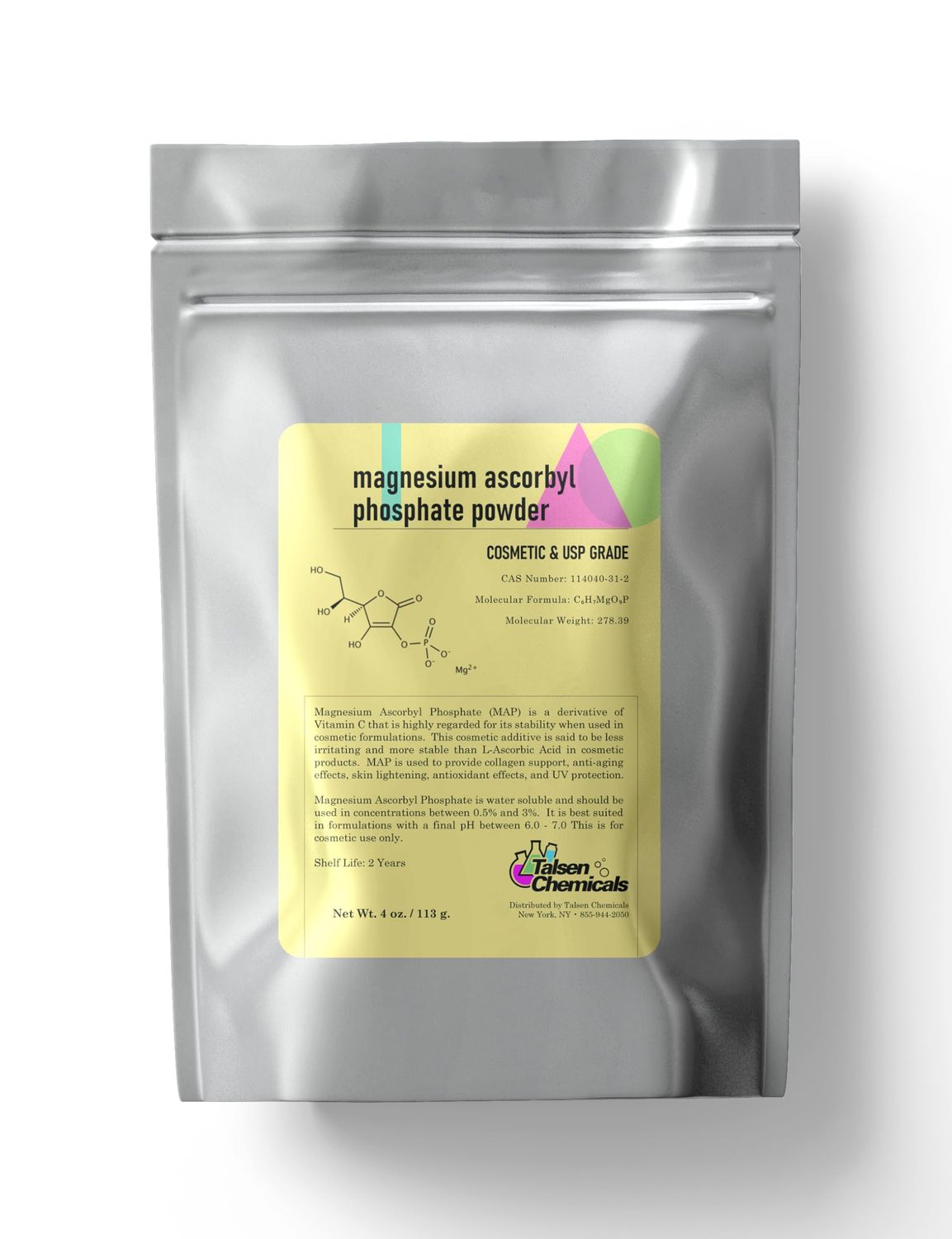 Magnesium Ascorbyl Phosphate Powder, Magnesium Ascorbyl Phosphate Stable Vitamin C, Magnesium Ascorbyl Phosphate MAP Powder for DIY Skincare Products Talsen Chemicals (4 Ounce 113 Grams)