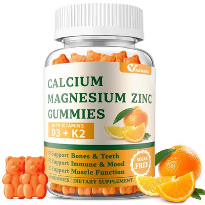 Calcium Magnesium Zinc Gummies with Vitamin D3 K2 - Sugar Free Calcium Gummies for Women and Men - Bone Immune Support - Non-GMO, Gluten-Free, Orange Flavored - 60 Gummies