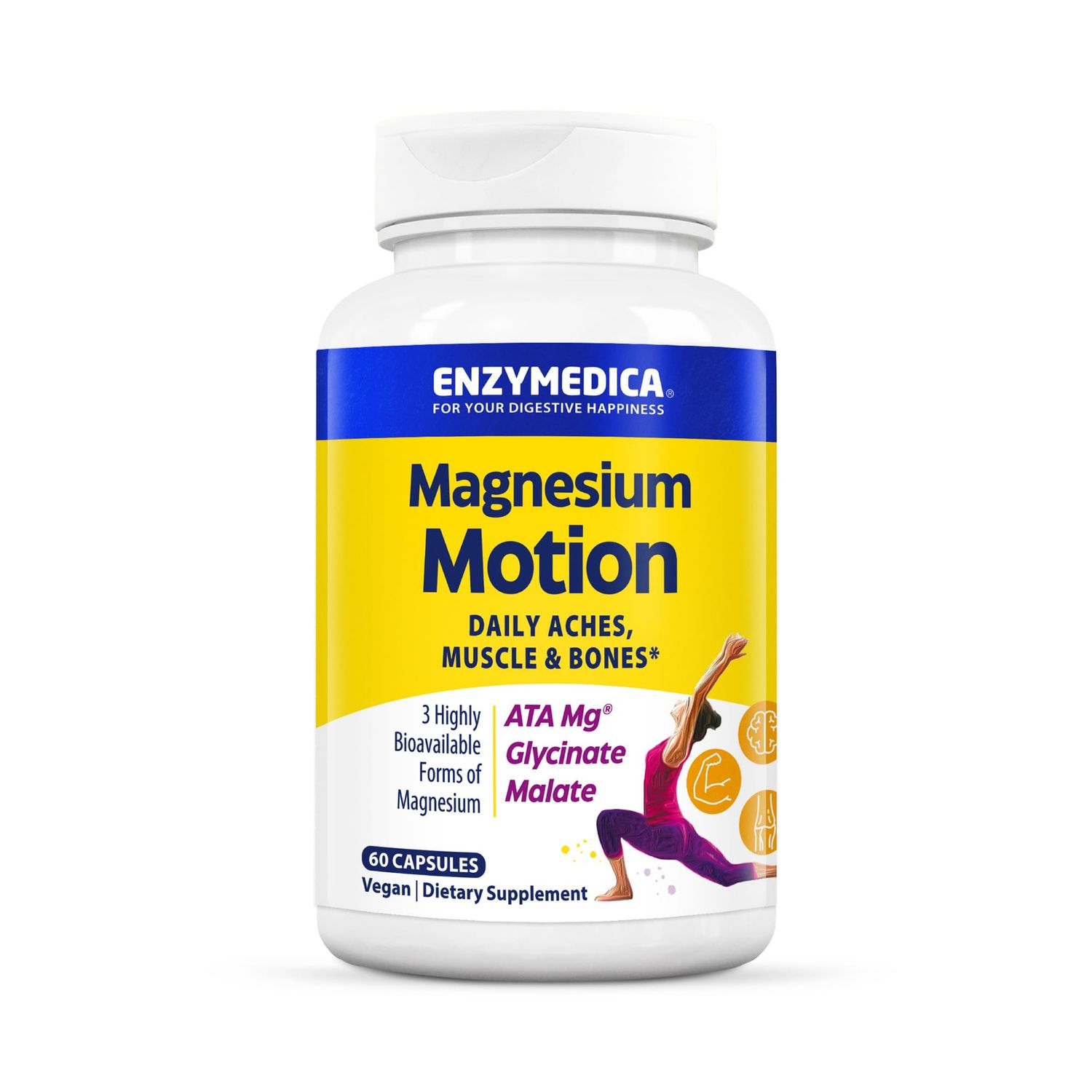 Enzymedica, Magnesium Motion with 3 Forms of Magnesium, ATA Mg, Glycinate, Malate, Soothes Occasional Aches, Supports Bones Muscles, 60 Count