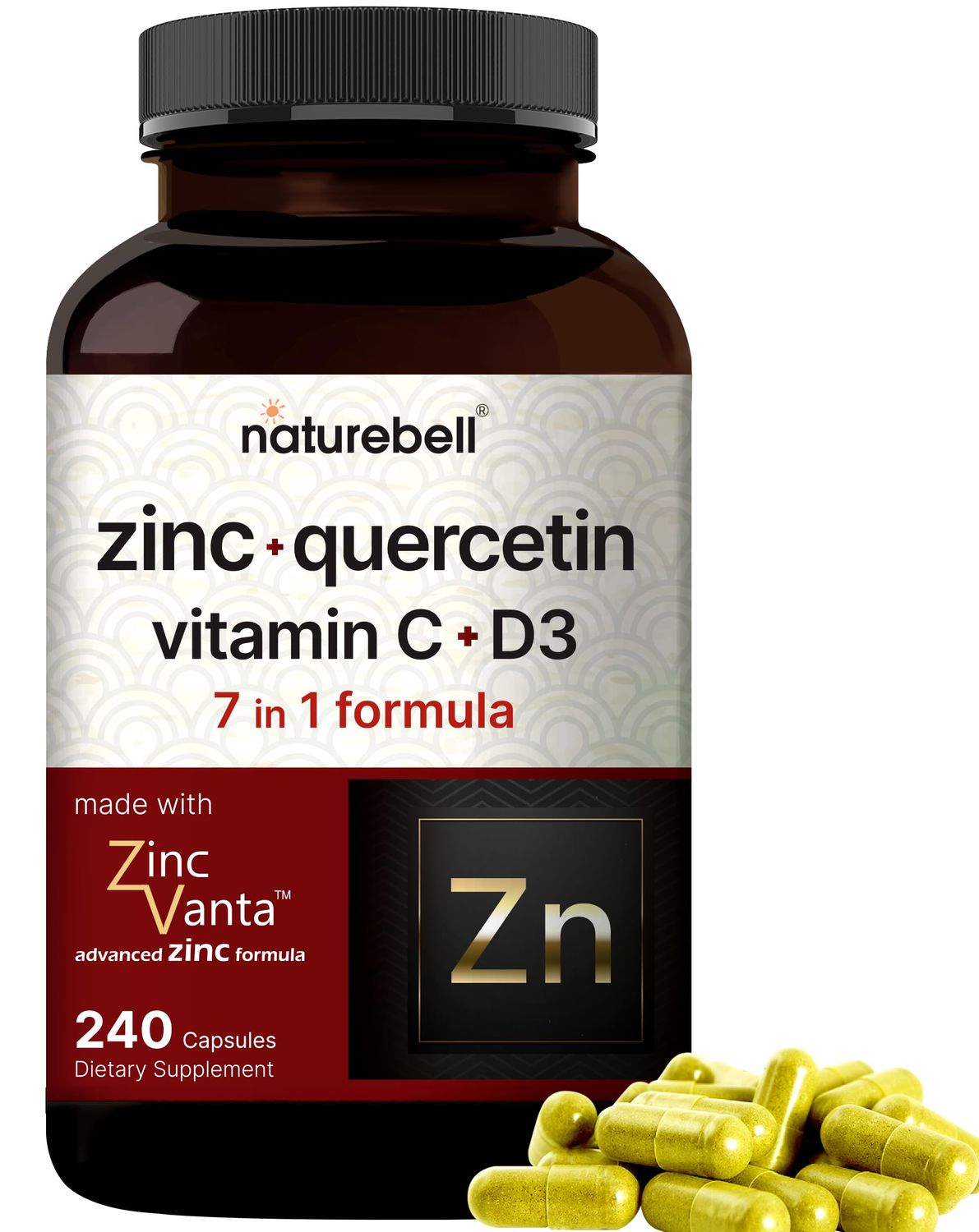 Naturebell Zinc Quercetin with Vitamin C D3, 240 Capsules Quercetin 1,000mg, 4 in 1 Zinc 50mg, Vitamin C 250mg, Vitamin D3 5,000 IU - ZincVanta Advanced Immune Defense Lung Support