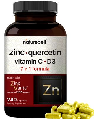 Naturebell Zinc Quercetin with Vitamin C D3, 240 Capsules Quercetin 1,000mg, 4 in 1 Zinc 50mg, Vitamin C 250mg, Vitamin D3 5,000 IU - ZincVanta Advanced Immune Defense Lung Support
