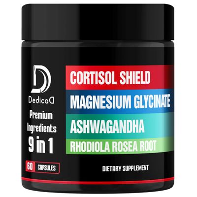 DEDICAD 9in1 Cortisol Shield - Magnesium Glycinate Ashwagandha with Rhodiola, Phosphatidylserine, Passion Flower, L-Theanine, Apigenin, Licorice, Magnolia - Rest Well Mood Balance - 60 Count