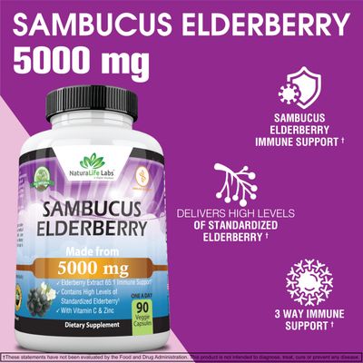 NaturaLife Labs Sambucus Elderberry 5,000 mg Super Concentrated 65:1 with Vitamin C Zinc - 90 Day Supply - Sambucus Extract Immune Support, Immune Defense Non-GMO 90 Veggie Capsules