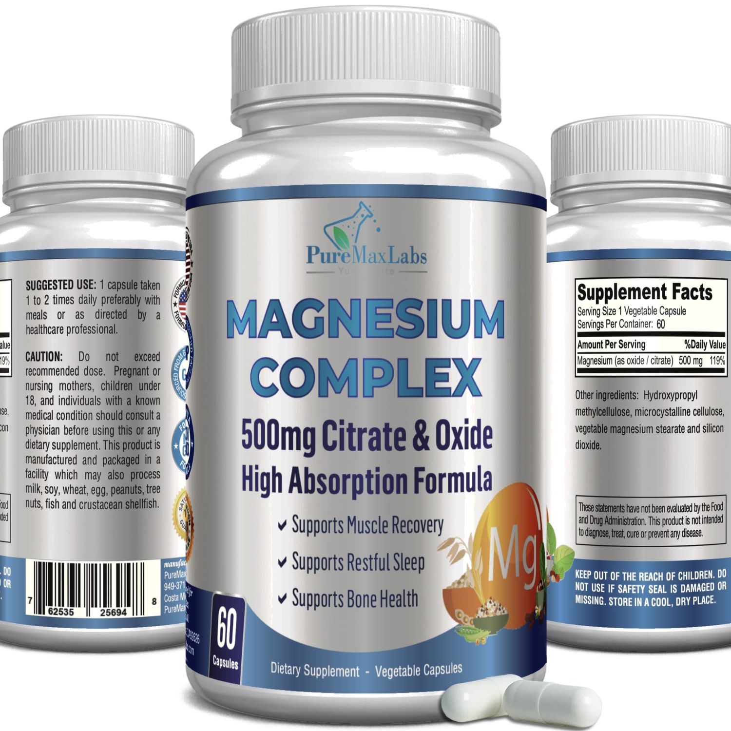 High Absorption Magnesium Citrate Complex 500mg Magnesium Citrate Oxide - Supports Calm Sleep, Muscle Cramp Relief, Muscle Recovery, Healthy Teeth Bones, Non-GMO - 60 Vegetable Capsules