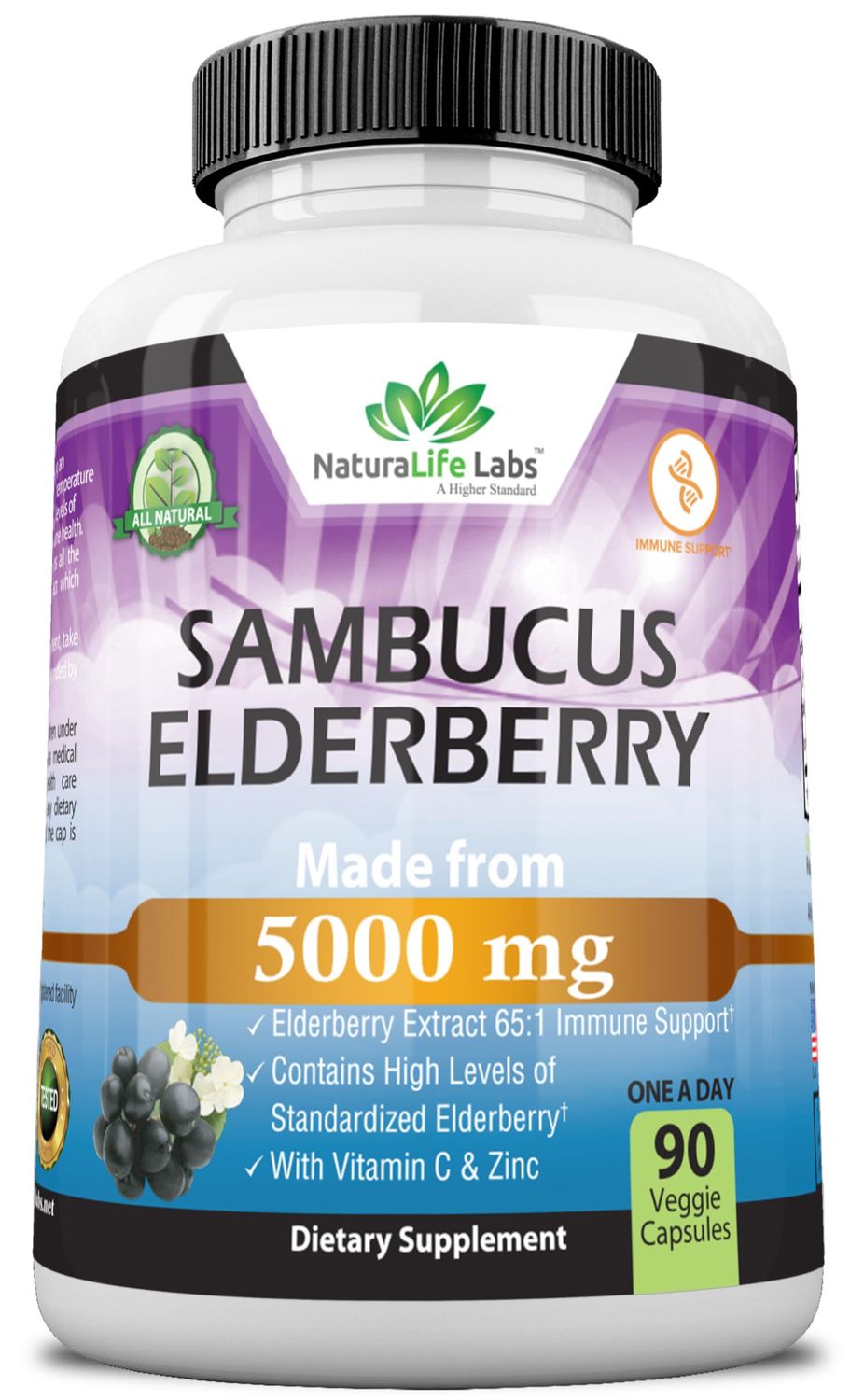 NaturaLife Labs Sambucus Elderberry 5,000 mg Super Concentrated 65:1 with Vitamin C Zinc - 90 Day Supply - Sambucus Extract Immune Support, Immune Defense Non-GMO 90 Veggie Capsules