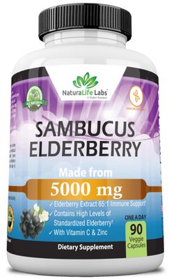NaturaLife Labs Sambucus Elderberry 5,000 mg Super Concentrated 65:1 with Vitamin C Zinc - 90 Day Supply - Sambucus Extract Immune Support, Immune Defense Non-GMO 90 Veggie Capsules