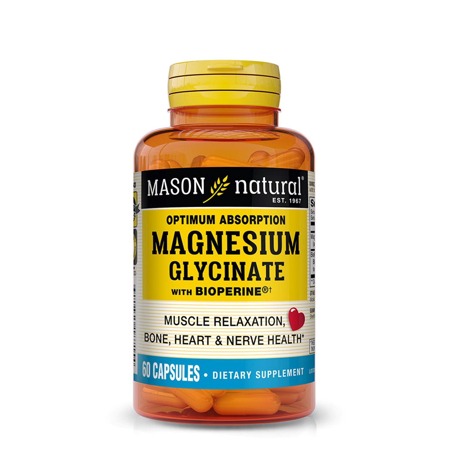 MASON NATURAL Optimum Absorption Magnesium Glycinate with Bioperine, 240 mg, 60 Capsules, Gentle on Stomach, Soy-Free