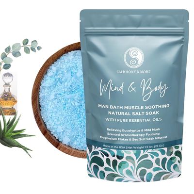 Harmony N More: Dead Sea Salt and Magnesium Flakes Natural Bath Foaming Salt Soak Man Bath Muscle and Pain Recovery Eucalyptus Essential Oil Aromatherapy Mild Musk Scent - 24 oz.