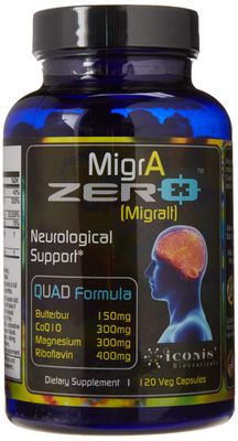 Migraine Relief, Quad-Formula with PA-Free Butterbur (150mg), CoQ10 (300mg), Magnesium Glycinate (300mg), High-Dose Riboflavin (400mg) - MigrA Zero (120 Caps) Optimal Dosing for Migraine Sufferers