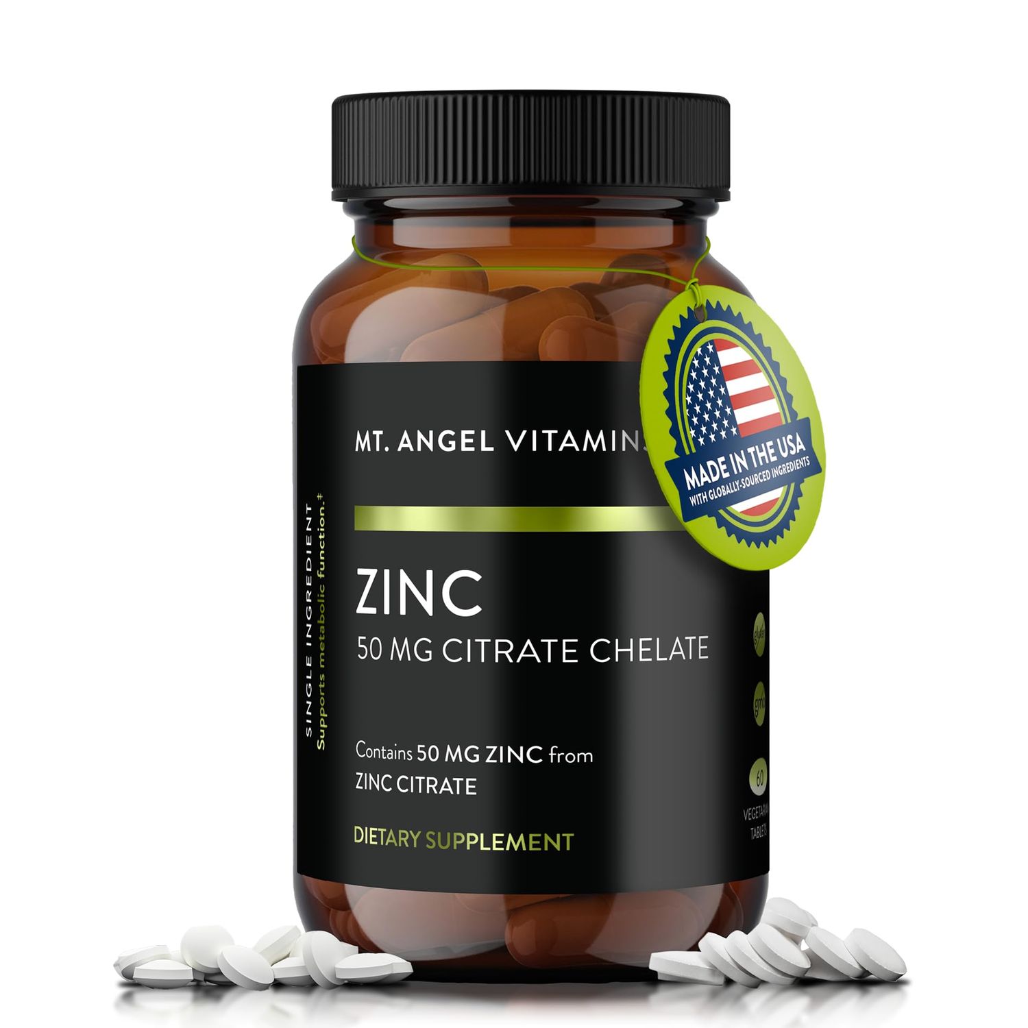 Mt. Angel Vitamins - Zinc Citrate 50mg - Zinc 50 mg Citrate Chelate - Natural Zinc Supplements Made in USA - 60 Vegetarian Tablets